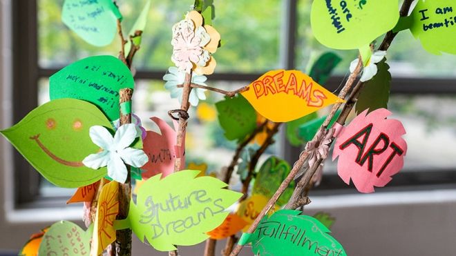 Crafted tree with personal messages on leaves